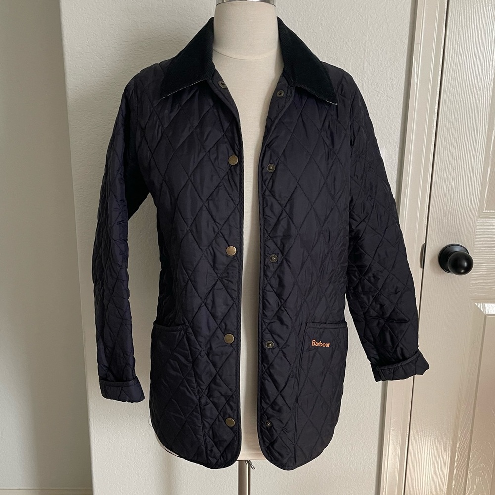 Barbour Navy Quilted Jacket w/ Liberty Fabric Under Collar!!!